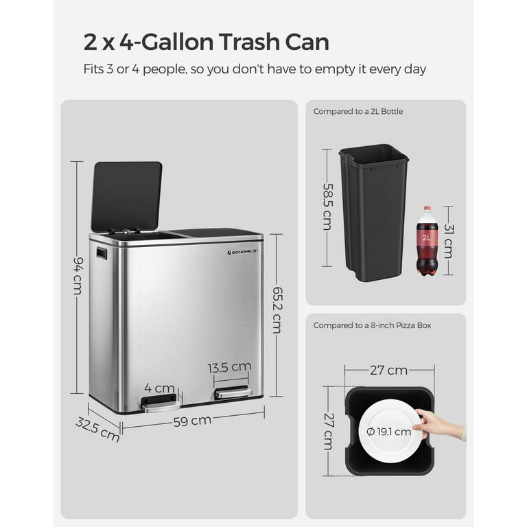SONGMICS 16 Gallon (2 x 8 Gallon) Dual Compartment Garbage Can 60L Pedal  Recycling Bin 15 Trash Bags Included Black 