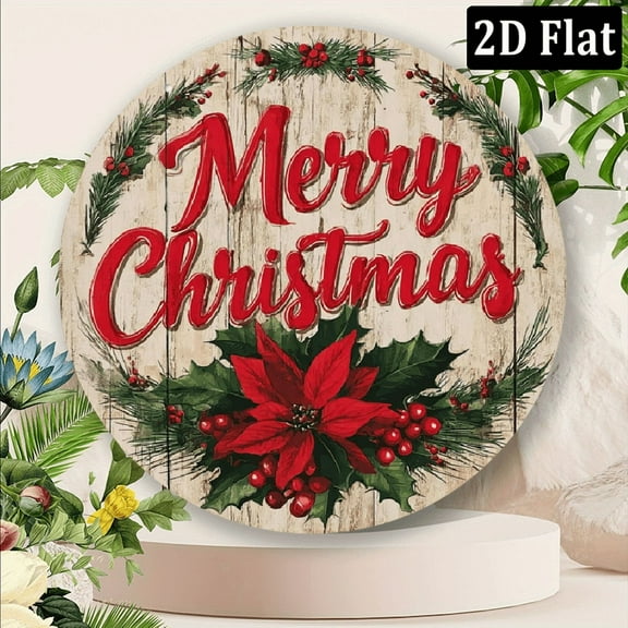 2D Flat Round Metal Sign Merry Christmas Wreath Retro Metal Tin Sign Vintage for Winter Wreath Home Yard Garden Bar Cafe Decor 8*8 Inch
