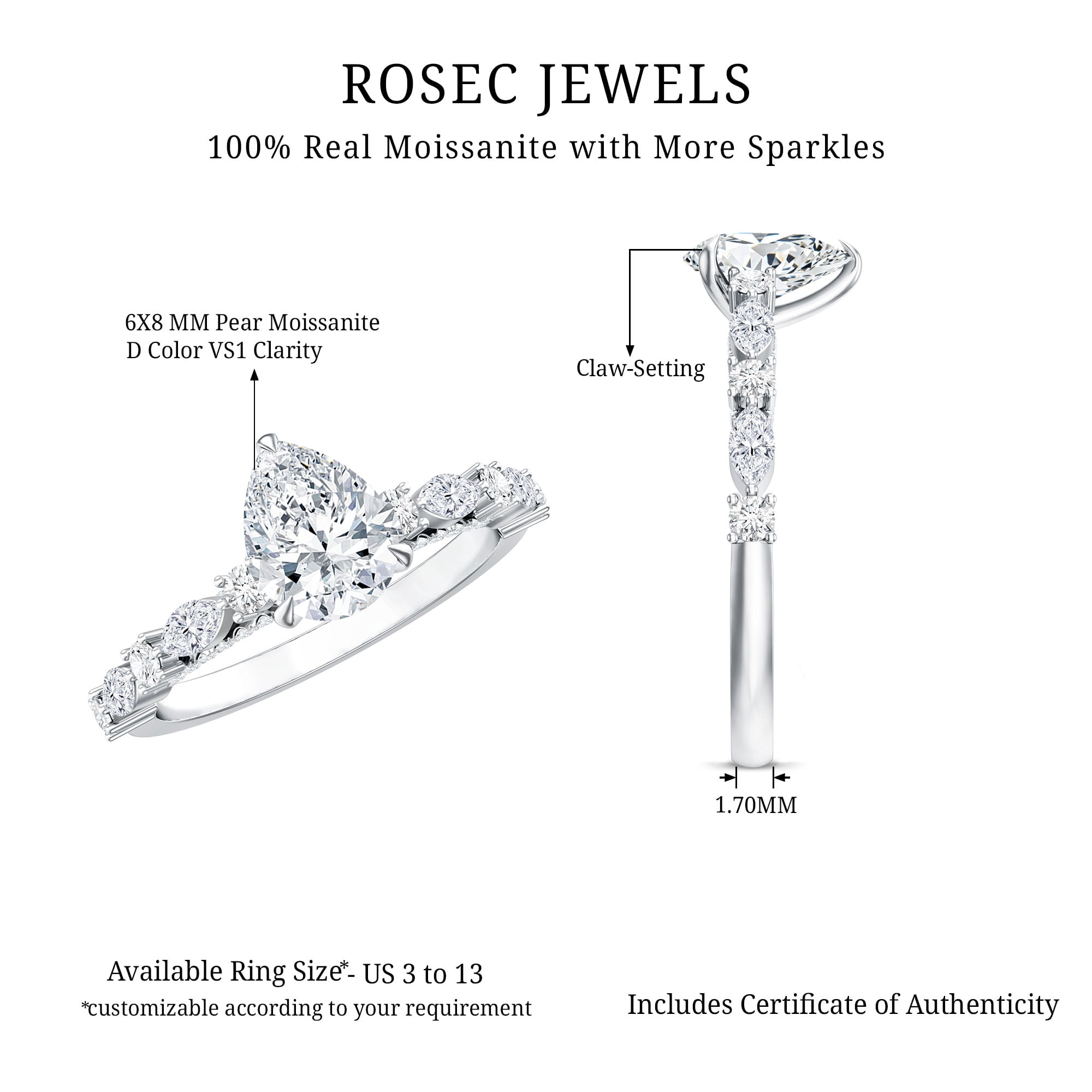 Rosec Jewels Pear Shaped Moissanite Solitaire Engagement Ring for Women - 1 Ct - 6X8 mm - D-VS1 Grade, 10K White Gold, US 5.00