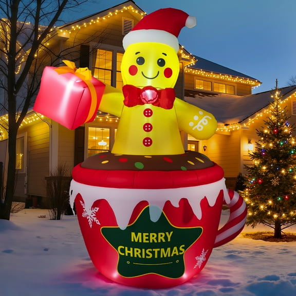 7.2FT Inflatables Christmas Outdoor Decoration Cup Gingerbread Man with LED, Outdoor Christmas Decoration