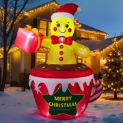 7.2ft Inflatable Hot Cocoa Mug with Gingerbread Man & LED Lights, Christmas Blow Up Outdoor Yard Decoration for Lawn Garden Holiday Party