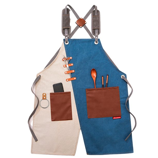 Delantales de chef para hombres y mujeres con bolsillos grandes, delantal de trabajo ajustable resistente con espalda cruzada de lona de algodón, talla M a XXL para cocinar, hornear,