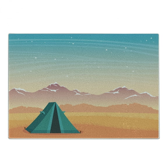Camping Cutting Board, Travel Tent on a Barren Rural Autumn Field Distant Snowy Mountains and Starry Sky, Decorative Tempered Glass Cutting and Serving Board, Small Size, Multicolor, by Ambesonne