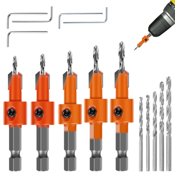 TMWEFUSC 5 PCS Countersink Drill Bit Set High Speed Steel 1/4 inch Hex Shank Carpenter Countersink Wood Drill Bit with Allen Wrench for Woodworking DIY