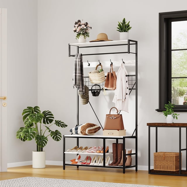 QinaQin 5-in-1 Hall Tree with Bench and Shoe Storage, Entryway Coat Rack with Hanging Rod and 9 Hooks