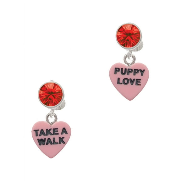 Delight Jewelry Acrylic Pink "Puppy Love / Take a Walk" Heart Red Crystal Clip on Earrings