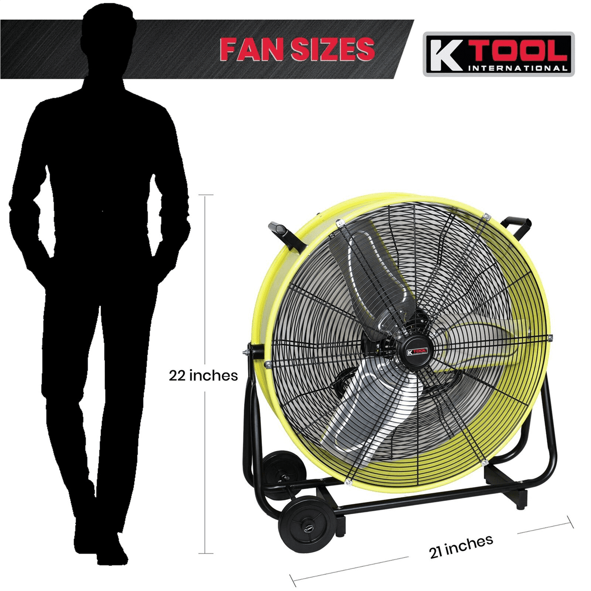 K Tool International 77740 24" Direct Drive Yellow 2-Speed Drum Fan with Wheels