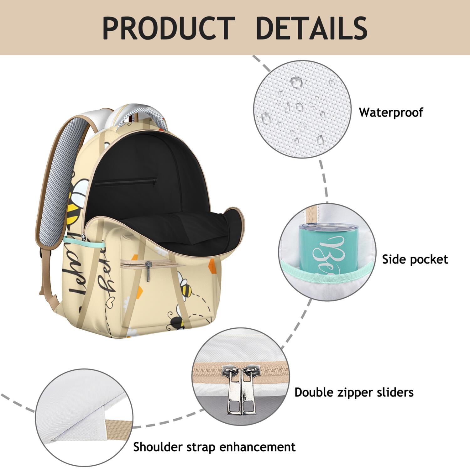 Bees & Leaves Backpack&nbsp;- Eco-Friendly School Bag for Students, Lightweight & Water-Resistant, Multiple Pockets, Comfortable Carry, Bee Themed Gift