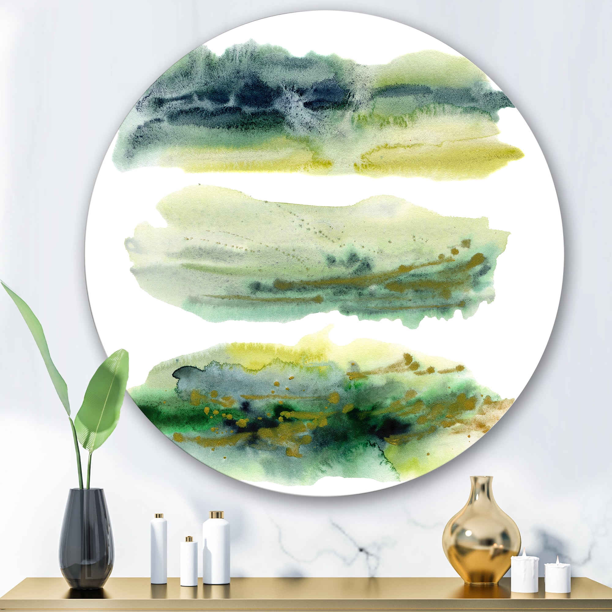 Designart 'Golden Green Abstract Clouds I' Modern Circle Metal Wall Art 36x36 - Disc of 36