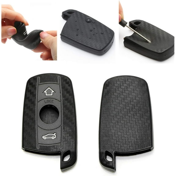 Xotic Tech Carbon Fiber Pattern Soft Silicone Key Fob Shell Cover Case, Compatible with BMW 1 3 5 6 Series X5 X6 Z4 2-Button Smart Keyless Entry Key