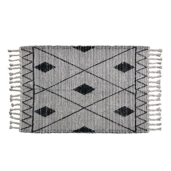Bloomingville Scandinavian Handwoven Cotton Rug with Geometric Pattern and Fringe, Black and White