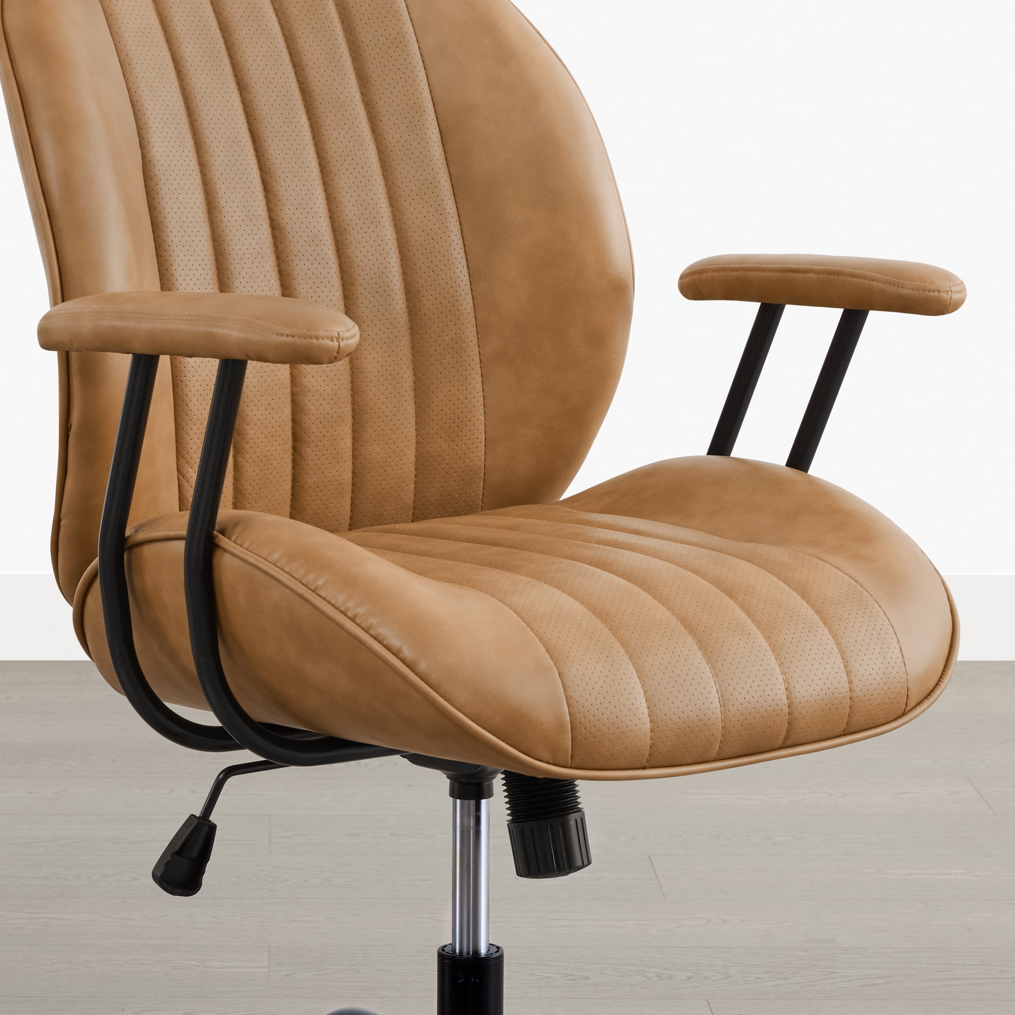 Spruce & Spring Faux Leather Office Chair with Swivel Base, Ergonomic High-Back Design, Breathable PU/Polyester Blend, Saddle Brown