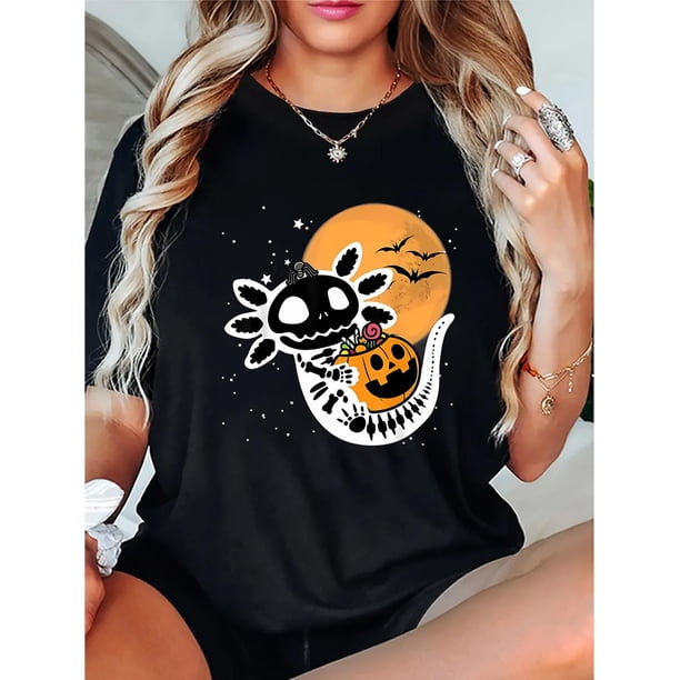 Camisetas de manga casquillo para mujer, de moda de verano 2025, con estampado lindo, casual, sin mangas, de ajuste holgado, de manga cortaHalloween Element Doll Fish Pattern Print T-shirt, Short Sl