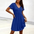 thumbnail image 5 of FRSASU Women's Mini Dress Casual V Neck Short Sleeve Pleated Dresses Solid Color Loose Fit Fashion Summer Dress Blue, 5 of 8