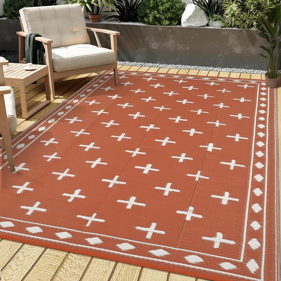9x12 Plastic Outdoor Rug Reversible Waterproof Straw Mat Orange | Lightweight Plastic Rug with Carry Bag & 4 Stakes, UV-resistant Hose-cleanable Outside Mat for Patio Deck, Balcony