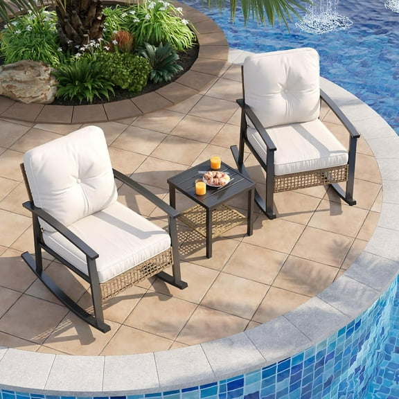 Aoxun 3-Piece Outdoor Rocking Bistro Set, Patio Furniture Set with Coffee Table and Thick Cushions, Wicker Rocking Chairs Set of 2 for Garden, Balcony, Backyard, Poolside (Beige)