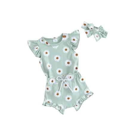 

Co.MMehjri Baby Girl 3 Piece Clothes Daisy Print Romper and Ruffle Elastic Shorts Headband Set Summer Outfits