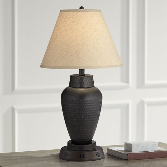 Possini Euro Design Modern Table Lamp with USB and AC Power Outlet Workstation Charging Base 25" High Hammered Bronze Empire Shade for Living Room