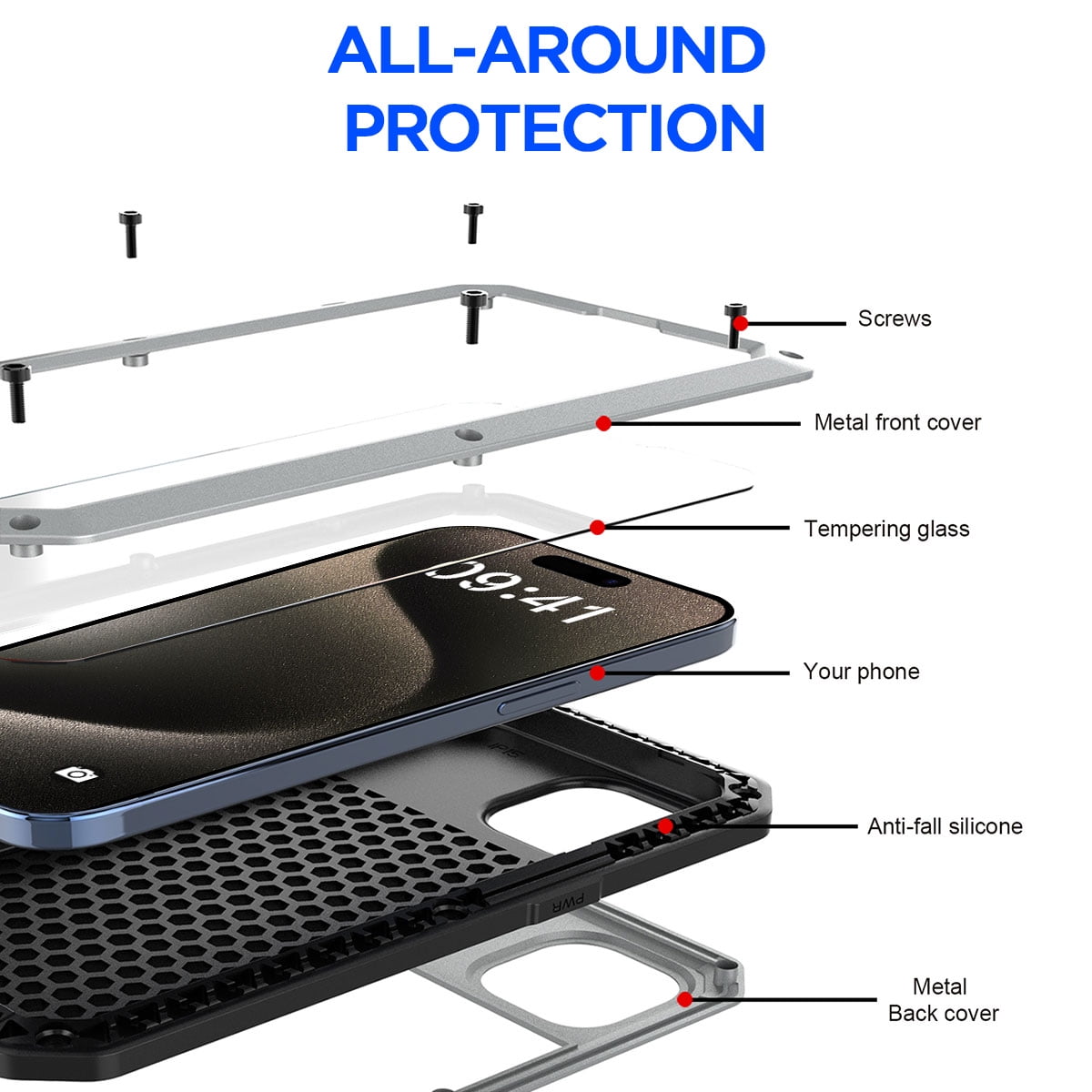 AICase For iPhone 15 Pro Max Case 360 Full Body Protective Cover Heavy Duty Shockproof [Tough Armour] Aluminum Alloy Metal Case BUilt-in Screen Protector
