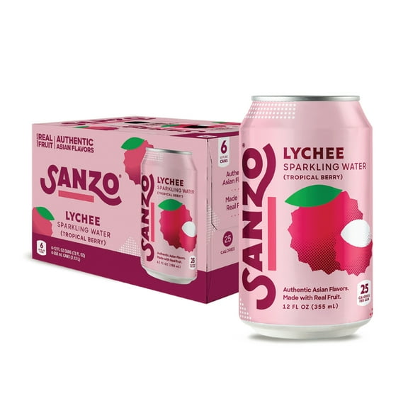 Sanzo Lychee Tropical Berry Flavored Sparkling Water, 12 fl oz, 6 pack Cans