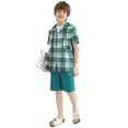 thumbnail image 7 of Fdqin Boys Shorts Sets 2Pcs Plaid Short Sleeve Hooded Button Shirt and Jogger Shorts Summer Outfits for Kids Green 5-6 Years, 7 of 7