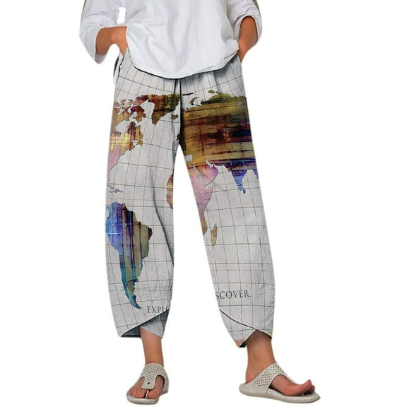 Herrnalise Women's Casual Trousers Loose Printed Elastic Waist Long Pants With Pocket Black L