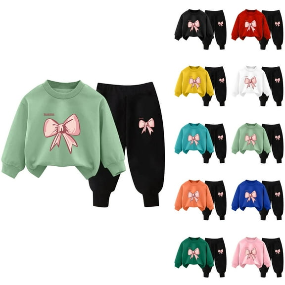 WRKEKC Girls Bow Print Sweatshirt Set 2 to 7 Years Crew Neck Long Sleeve Top and Jogger Pants Colorful Ribbed Cuffs Spring Fall Outfits