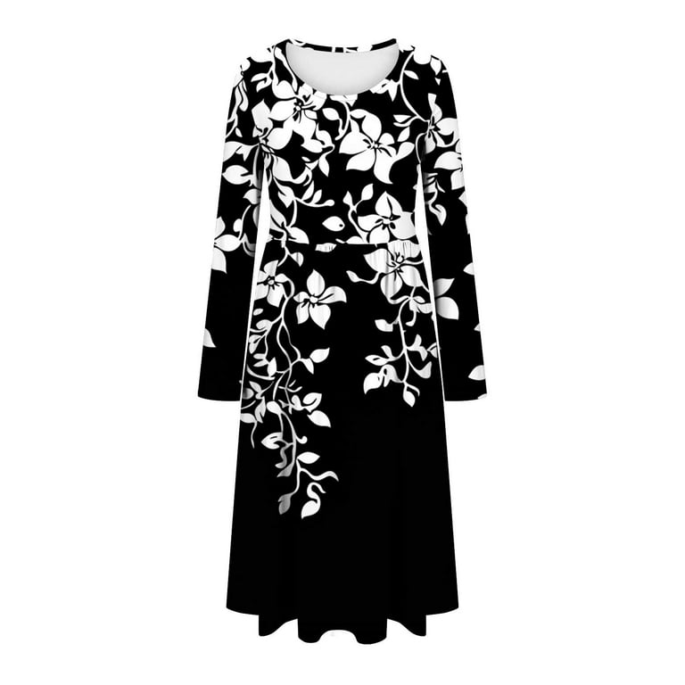 Stamzod Wedding Guest Dresses for Women 2026 Trendy Fashion Floral Print Long Sleeve Midi Dress Summer Flowy Fit and Flare Dress for Women Black F M,