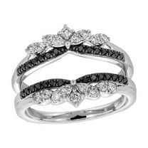 Black and White Diamond Leaf Solitaire Enhancer in 14K White Gold Finish - Diamond Wrap Ring Jacket - Ring For Women - Birthday Ring For Wife