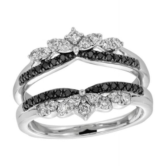 Black and White Diamond Leaf Solitaire Enhancer in 14K White Gold Finish - Diamond Wrap Ring Jacket - Ring For Women - Birthday Ring For Wife