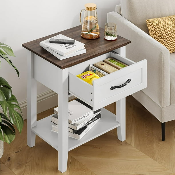 Yeshouse Mesita de noche con una mesa de noche de madera con un cajón, un estante de almacenamiento abierto, mesa de lado Industrial, mesita de noche blanca estrecha