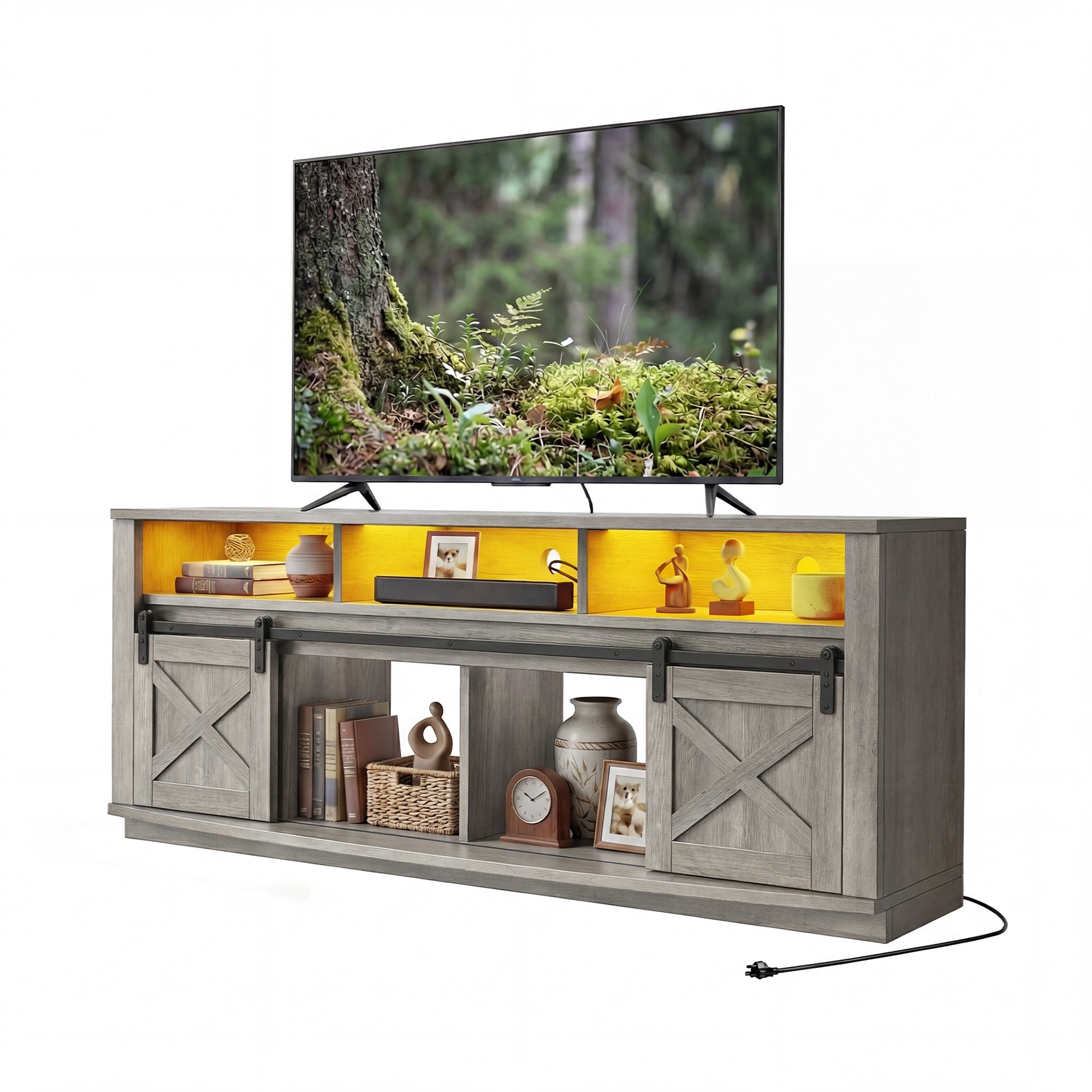 Uforic 70" TV Stand with Power Outlet & LED Lights, Curved Desktop Entertainment Center for 80" TVs, Grey
