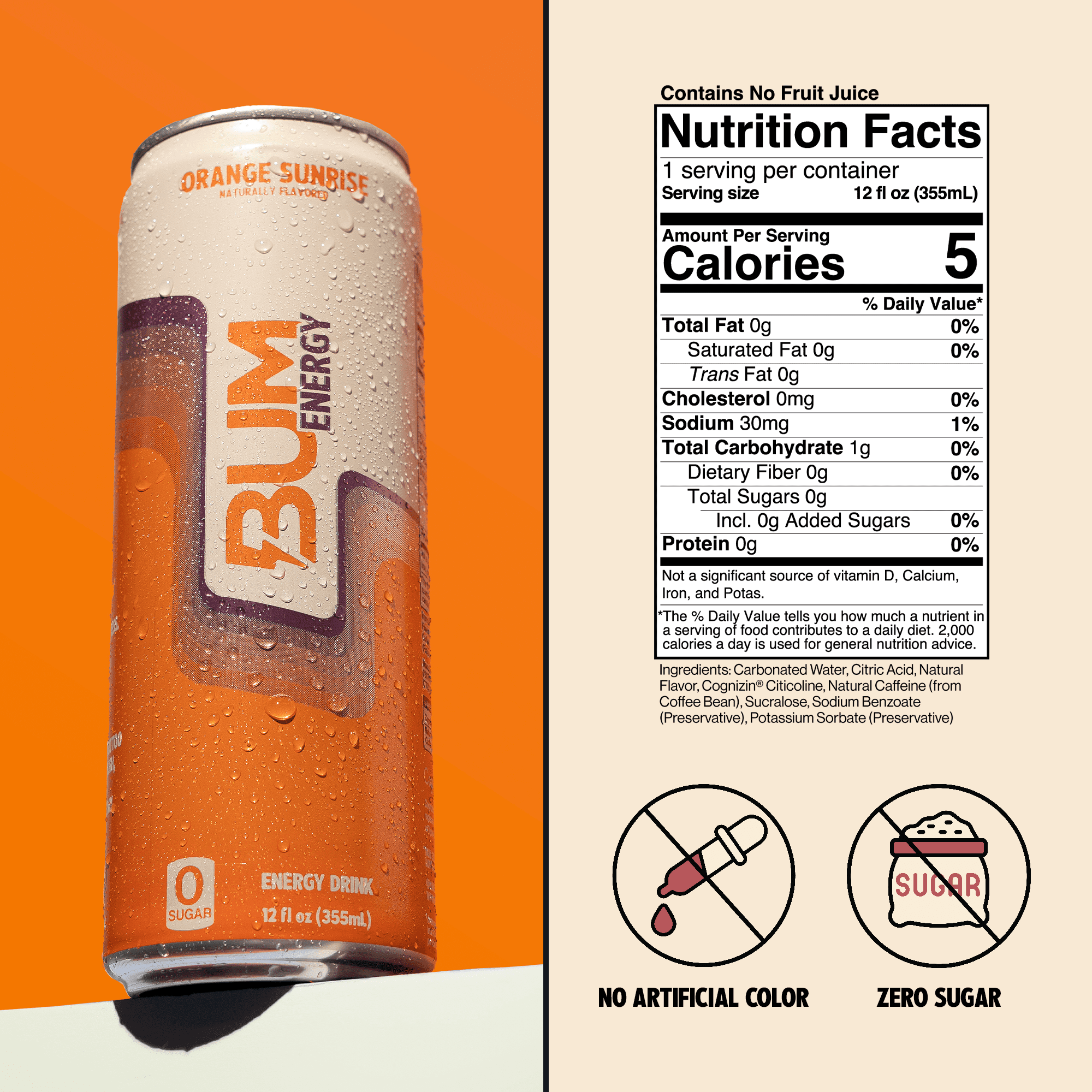 Bum Energy Orange Sunrise Energy Drink, 112 mg Natural Caffeine, 12 fl oz Can