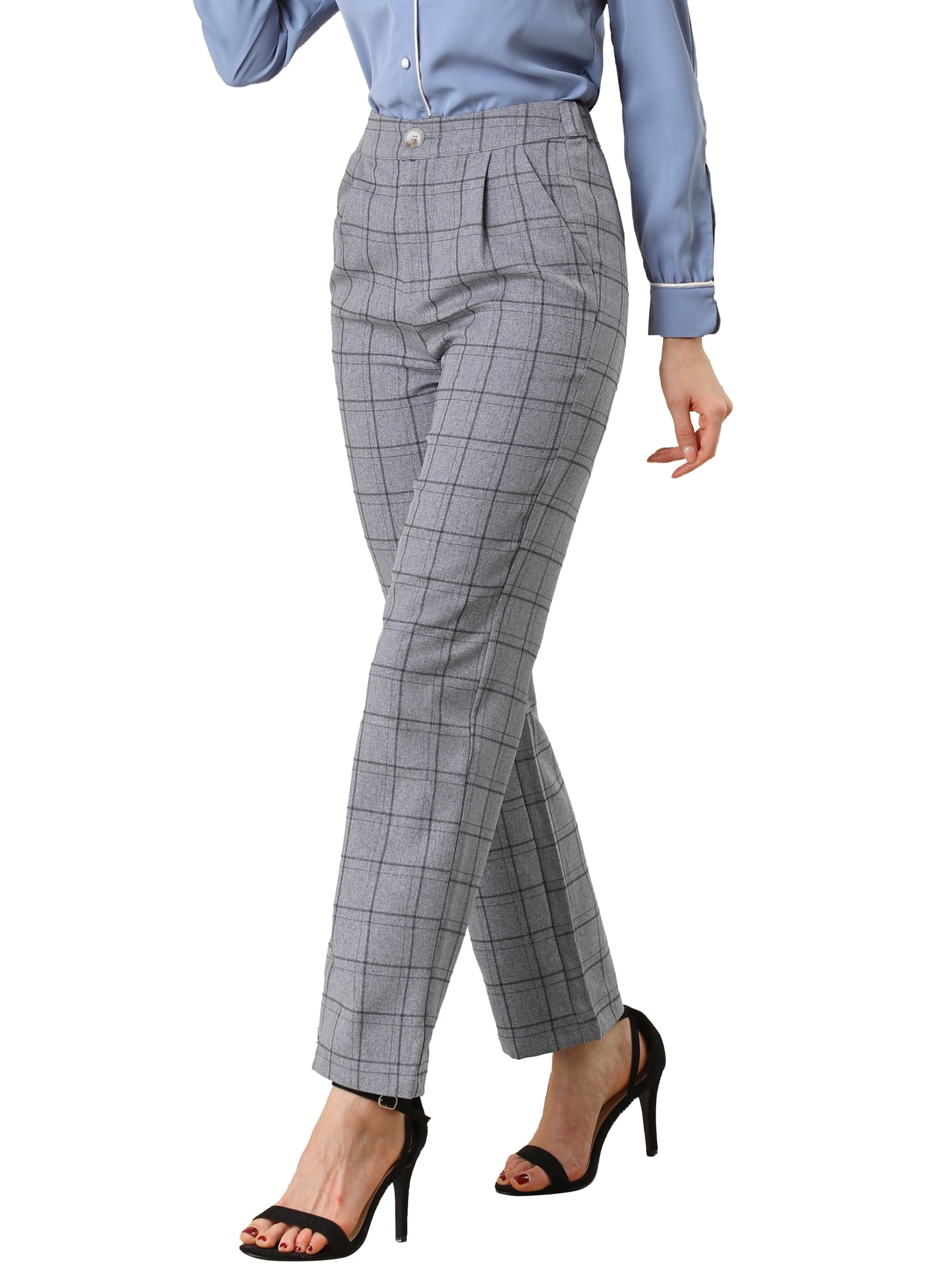 DARING DIVA Women's Plaid Trousers Pockets Straight Leg Casual Pant M Dark Gray