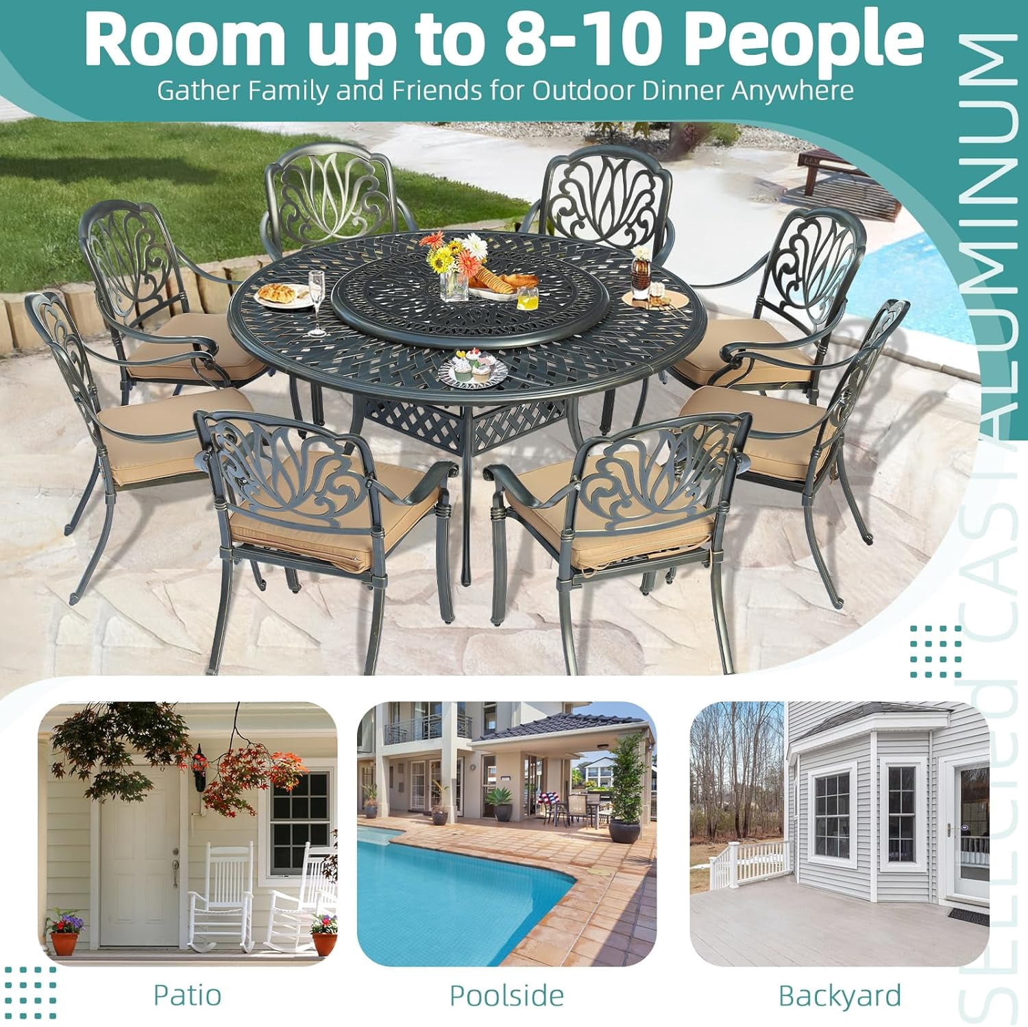 MEETWARM Outdoor 61" Round Patio Dining Table with Detachable Lazy Susan, All Weather Cast Aluminum Large Patio Furniture Table Set for 8 Seat with 35.4" Rotating Tray, Umbrella Hole, Dark Bronze