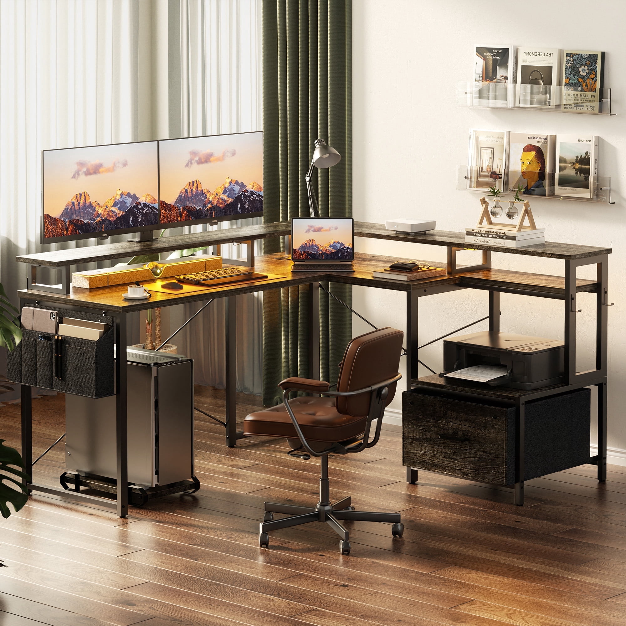 Homieasy L Shaped Desk with File Drawer, Reversible L Shaped Computer Desk with Power Outlet & LED Lights, Home Office Desk Corner Desk with Monitor Shelf and Printer Cabinet, Black Oak