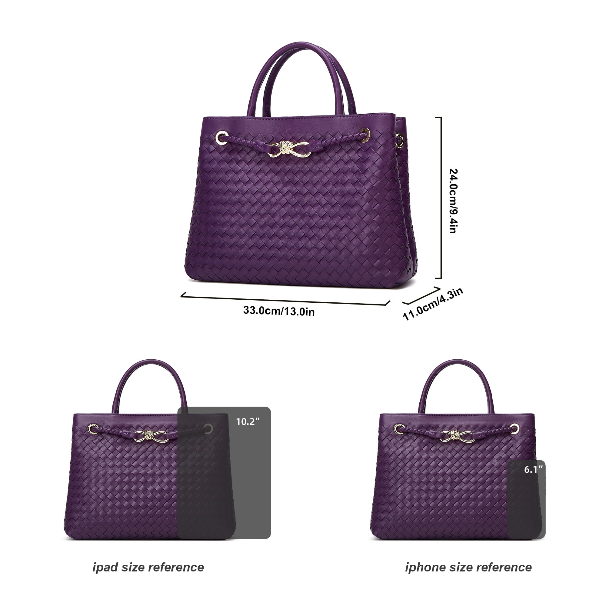 Woven Bag for Women Shoulder Purse: Vegan Leather Handbag - Handmade Tote Bag - Elegant Satchel Bag with Bowknot (Purple Color)