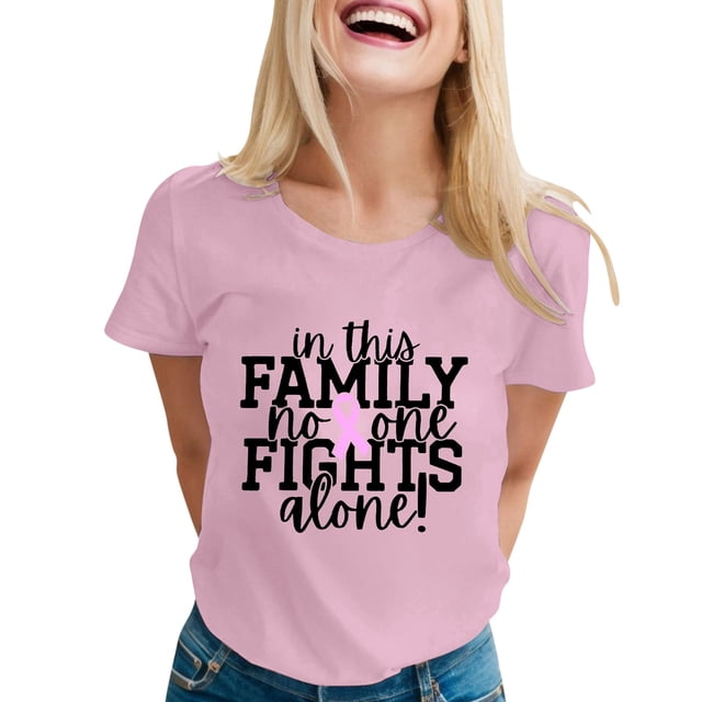 T-shirt à Manches Courtes Imprimé Lettres Col Rond Cancer du Sein Décontracté à la Mode pour Femmes 1