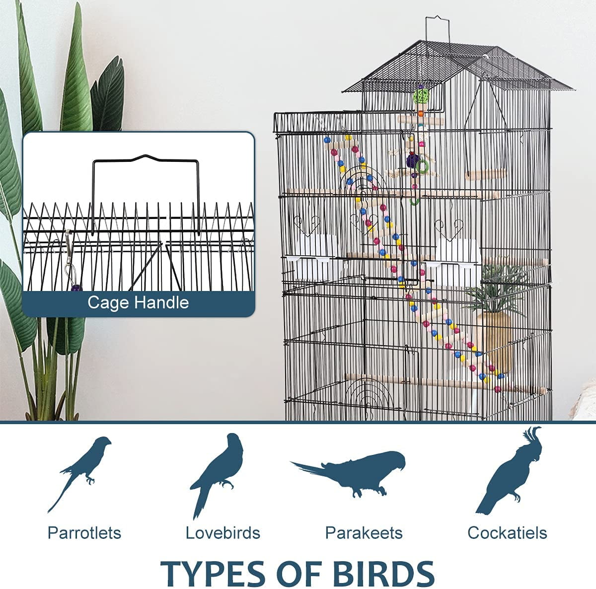 Dkeli 39"H Parrot Cage Metal Large Roof Top Bird Cage Double-Door Parakeet Cage with Ladder and Swing, Black