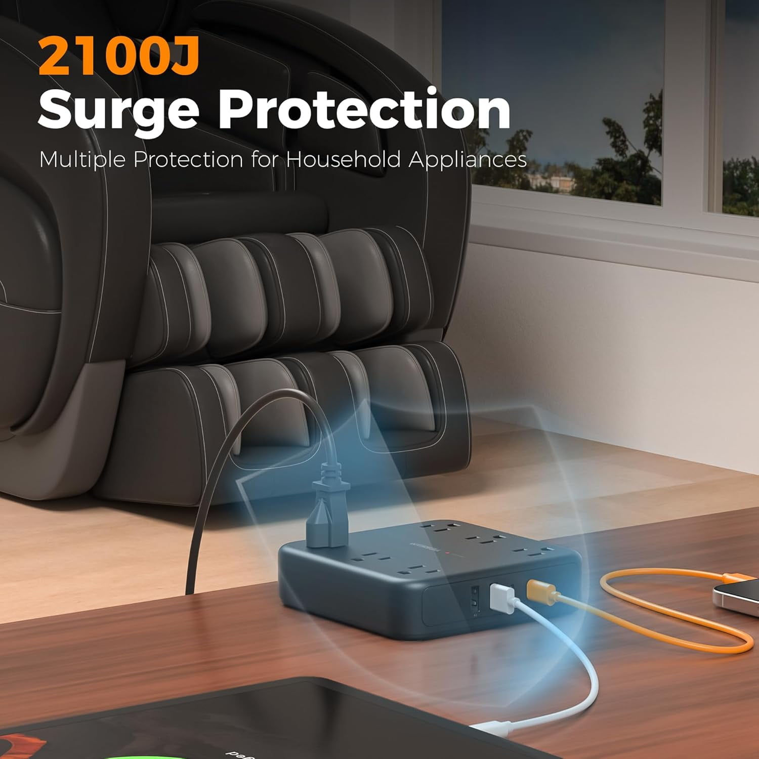 Black Extension Cord with Fast Charger, Surge Protector Power Strip with 6 Outlets and 4 USB Ports (2 USB C), 2100 Joules Protection, Flat Plug, Multi Outlet Extender for Home, Office, Dorm