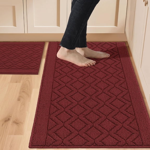 RLESO 48X20"/30X20" Kitchen Rug Mats Made of 100% Polypropylene 2 Pieces Soft Kitchen Mat Specialized in Anti Slippery and Machine Washable, Versatile Kitchen Rugs Red