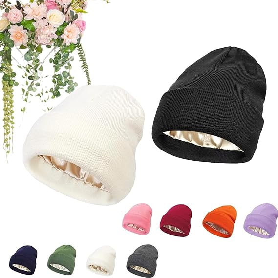 Belvado Beanie, Belvado Silk Lined Beanie, Belvado Satin Lined Beanies, Soft Knitted Cuffed Warm Skull Cap Winter Hats(2 pcs)