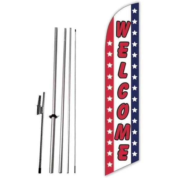 Cobb Promo Welcome Stars and Stripes Advertising Feather Flag Banner with Complete 15ft Pole kit and Ground Spike