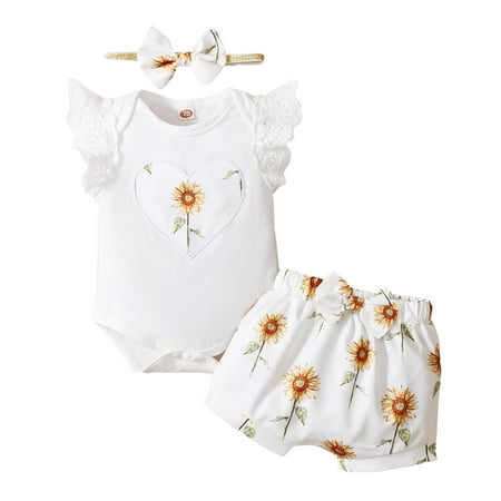 

Newborn Baby Girls Outfits Sleeveless Sunflower Print Ruffle Sleeve Romper Top+Sunflower Print Bow Shorts+Headband 3PCS Outfits Set 3-6 Months White