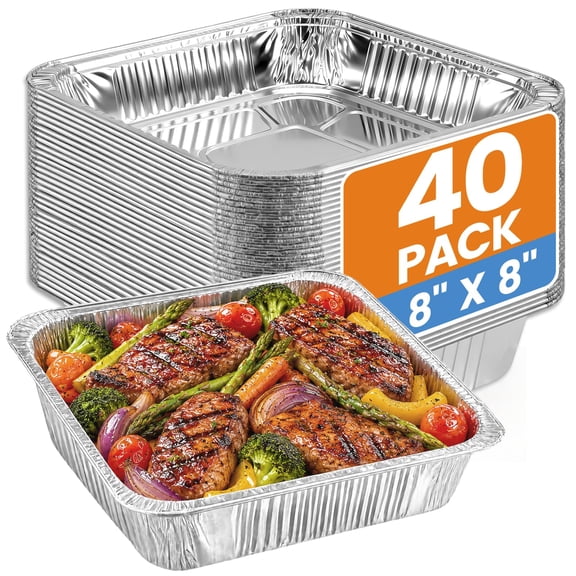 40 Pack 8x8 Disposable Aluminum Foil Pans, Heavy Duty Square Foil Pans, Aluminum Tin Foil Baking Pan, Food Containers for Baking, Cooking, Heating Cakes, Bread,Prepping
