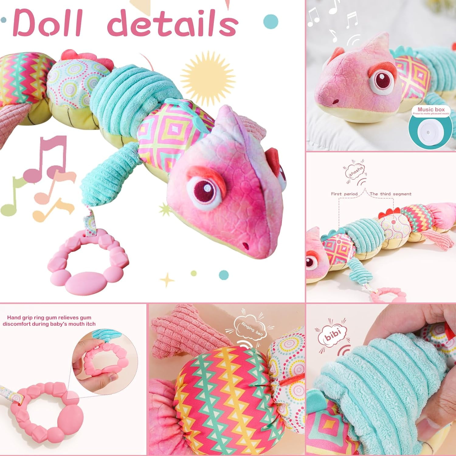 Newborn Baby Toys 0-12 Months - Musical Stuffed Dinosaur Plush, Multi-Sensory Crinkle Rattles & Textured Design, Tummy Time Early Development Gift for Infant