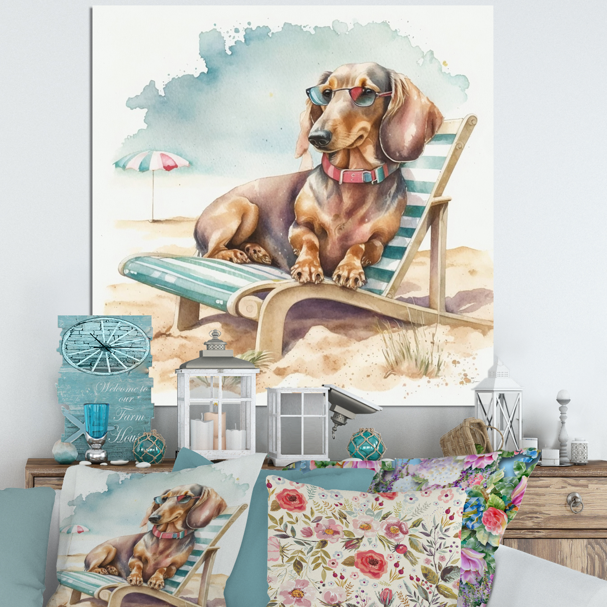 Designart Dog Lounging On The Beach With Sunglasses III Canvas Wall Art