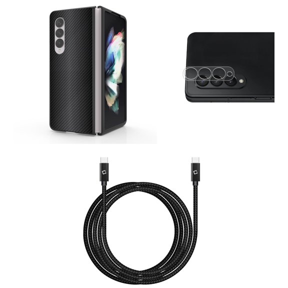 Accessory Bundle for Galaxy Z Fold 4: Slim Snap-On Case (Grey Carbon Fiber), Rear Camera Glass Protector, Nylon Braided USB-C to USB-C Cable (4 Feet)