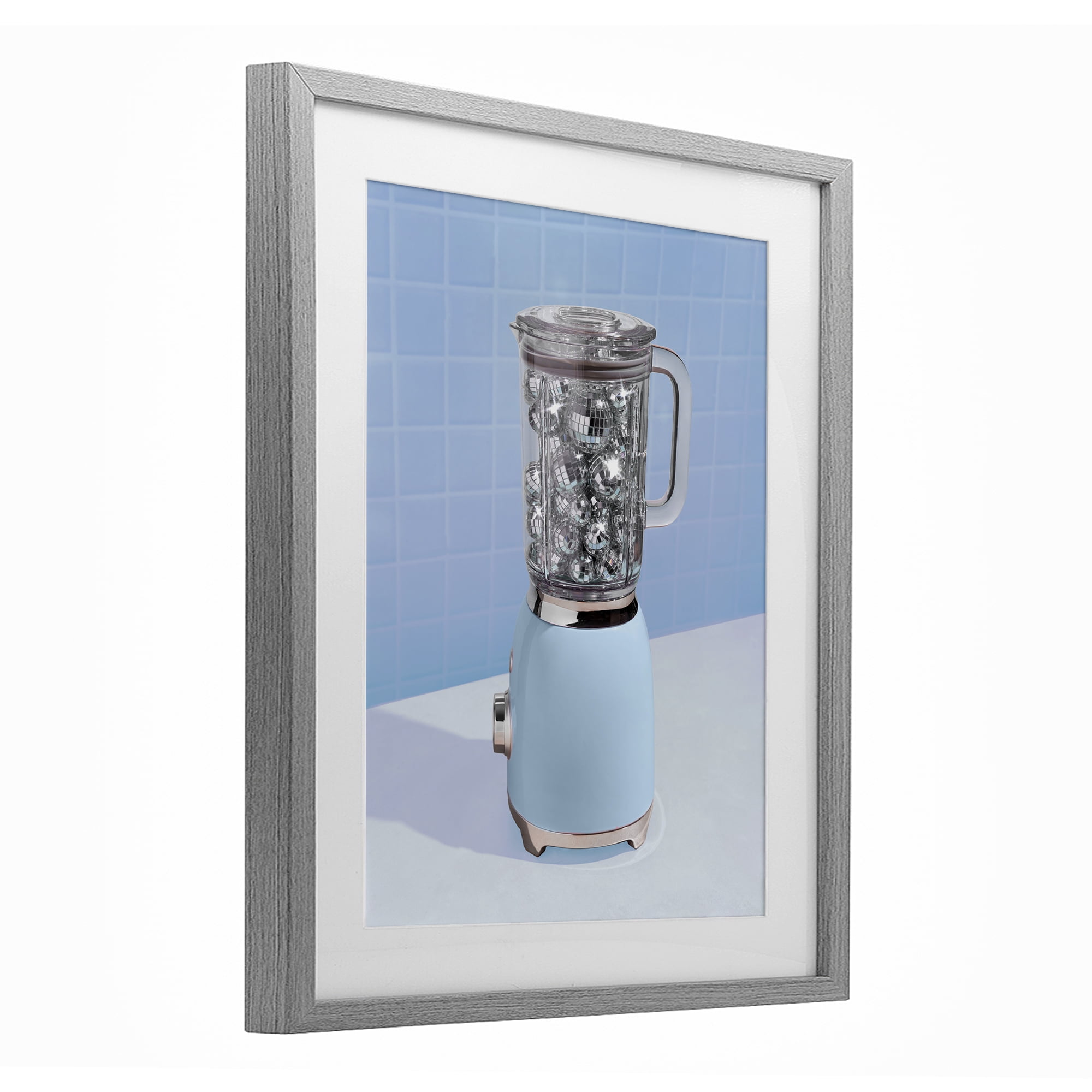 Blue Retro Disco Blender Gray Framed Print Under Glass, design by LISH Creative