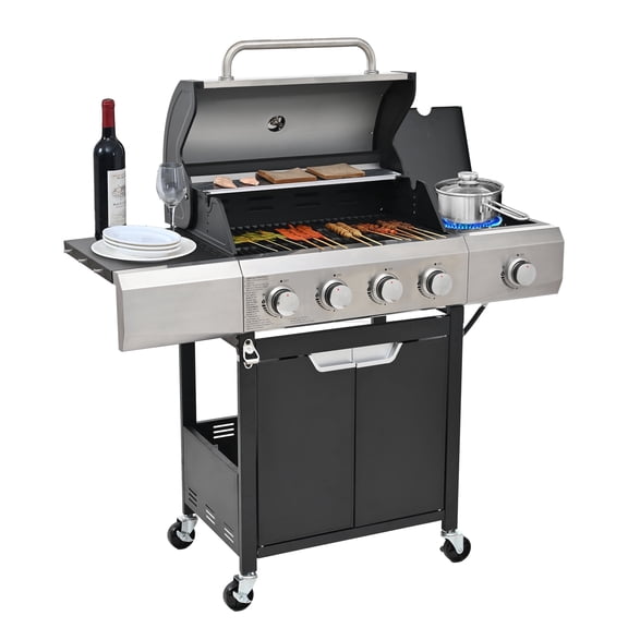 4-Burner Propane Gas Grill with Side Burner, Stainless Steel BBQ for Patio, 452 sq in Cooking Area, Lockable Casters & Enamel Adjusters